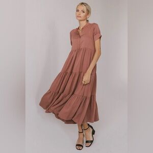 Bohme Amanda Mauve Tiered brown maxi Dress in Raisin